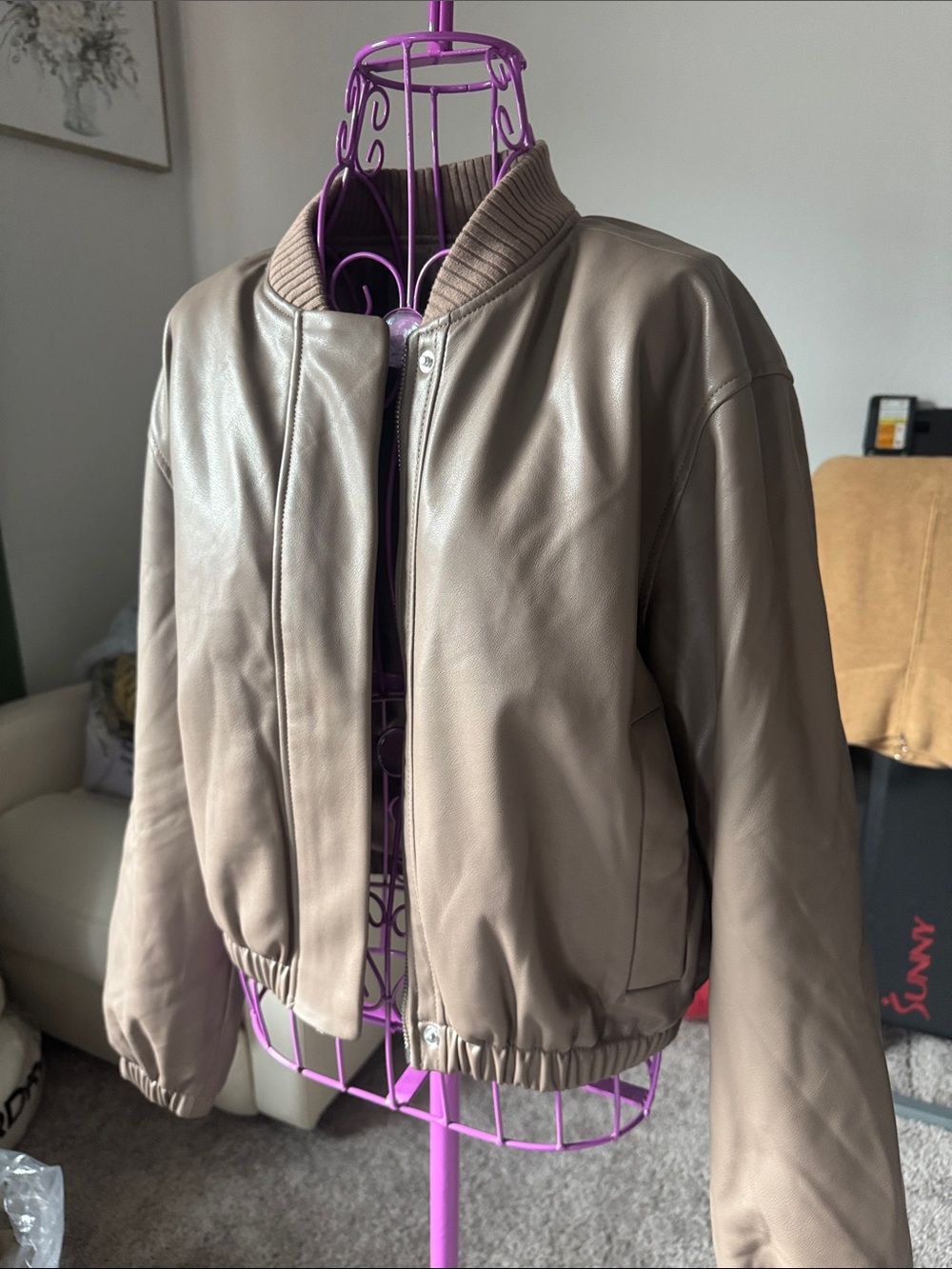 Abercrombie & Fitch Taupe Faux Leather Bomber Jacket - Picture 6 of 7